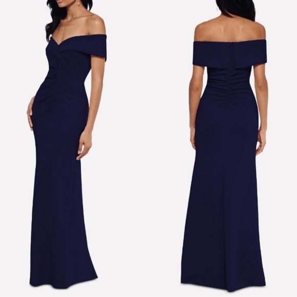 X. By XSCAPE
Off-The-Shoulder
Ruched Gown navy Blue size 4 or 14 - Picture 8 of 14